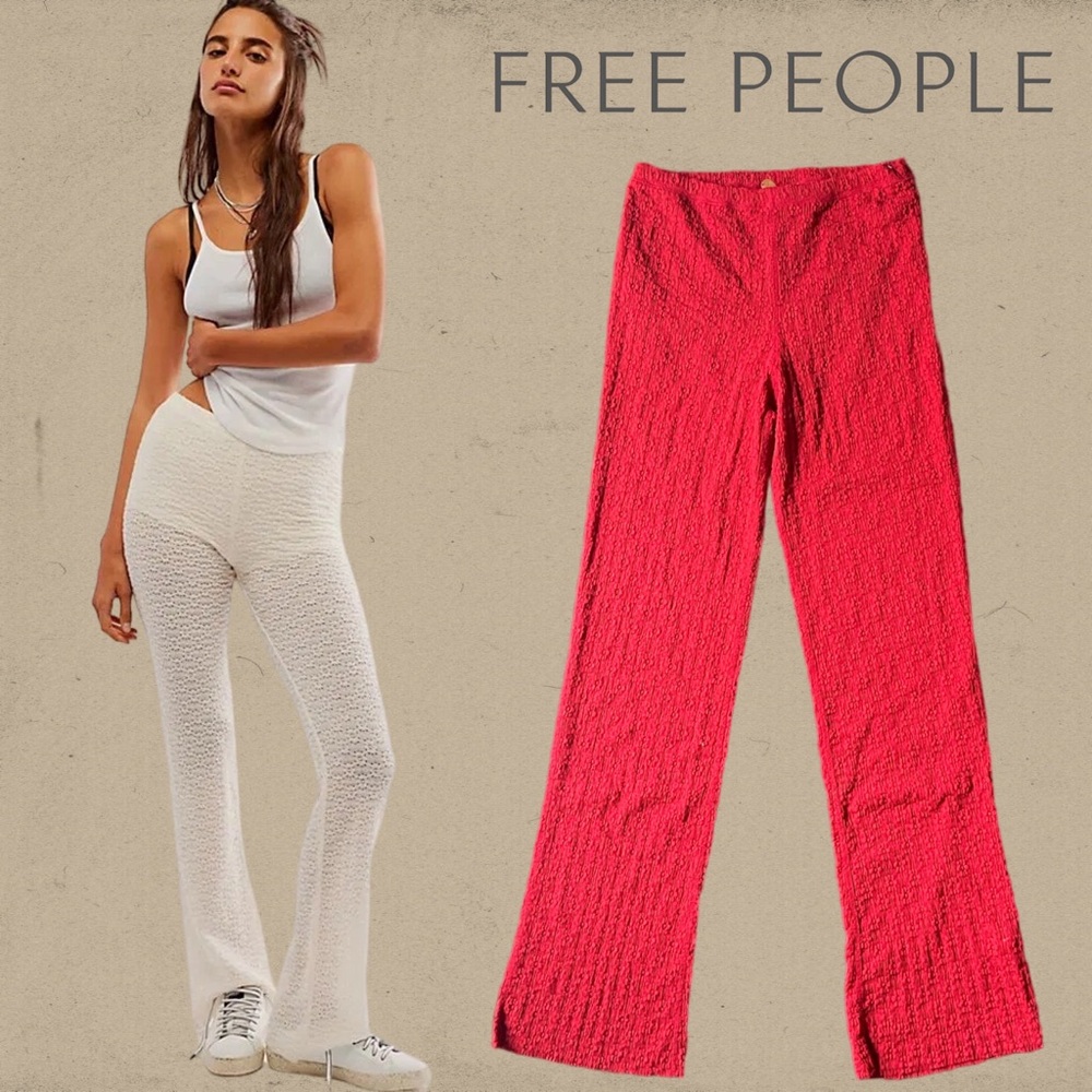 FP One by Free People Ona Lace Flare WideLeg Bootcut Lace Floral Pants Berry Red